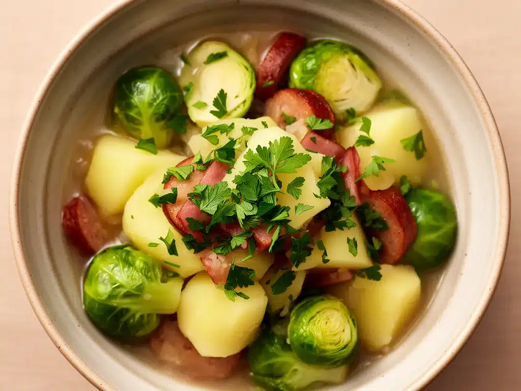 Cremiger Rosenkohl-Eintopf mit Kartoffeln: 30 Min 4 cremiger Rosenkohl-Eintopf mit Kartoffeln preparation steps